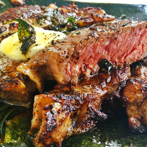 The Original seasoning from Sleepers Gourmet used to season a juicy cut of organic beef for a delicious dinner. 